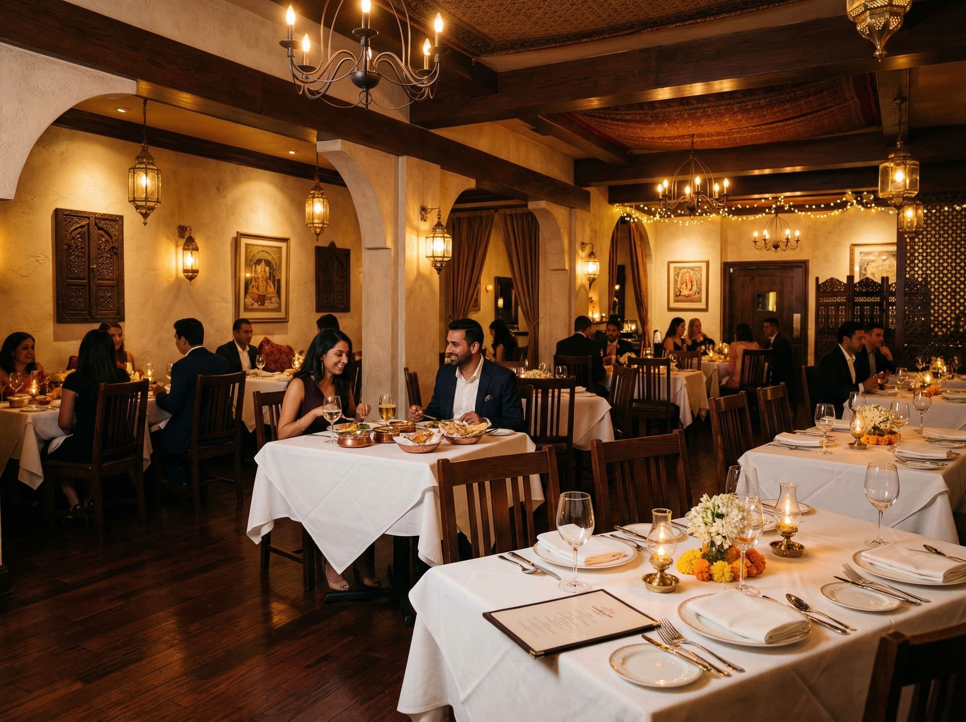 Warm beleuchteter Innenraum des Restaurants Jilebi
